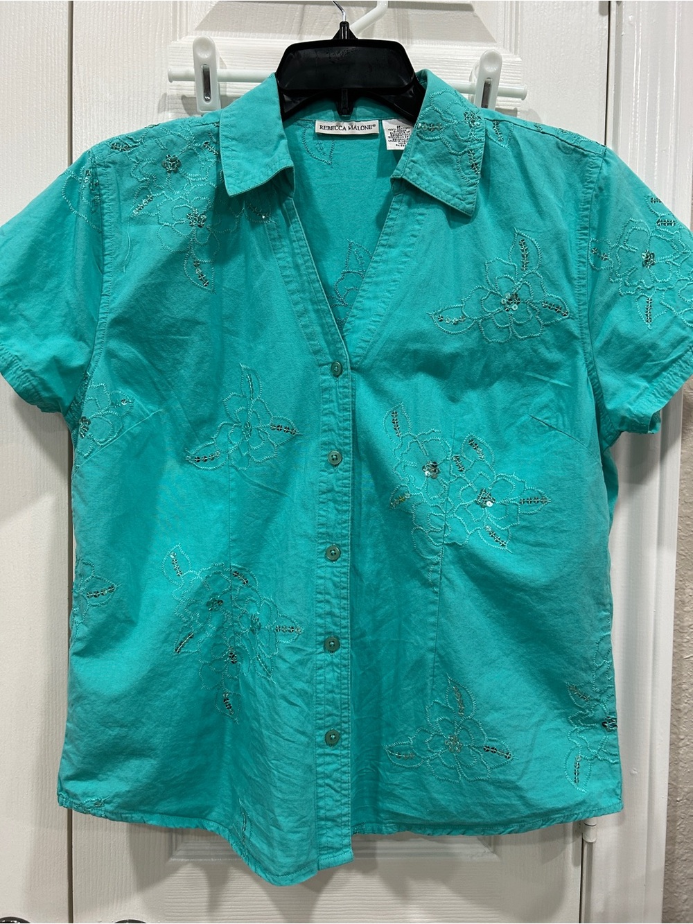 Rebecca Malone Teal Short-Sleeve Embroidered Button-Down Shirt
